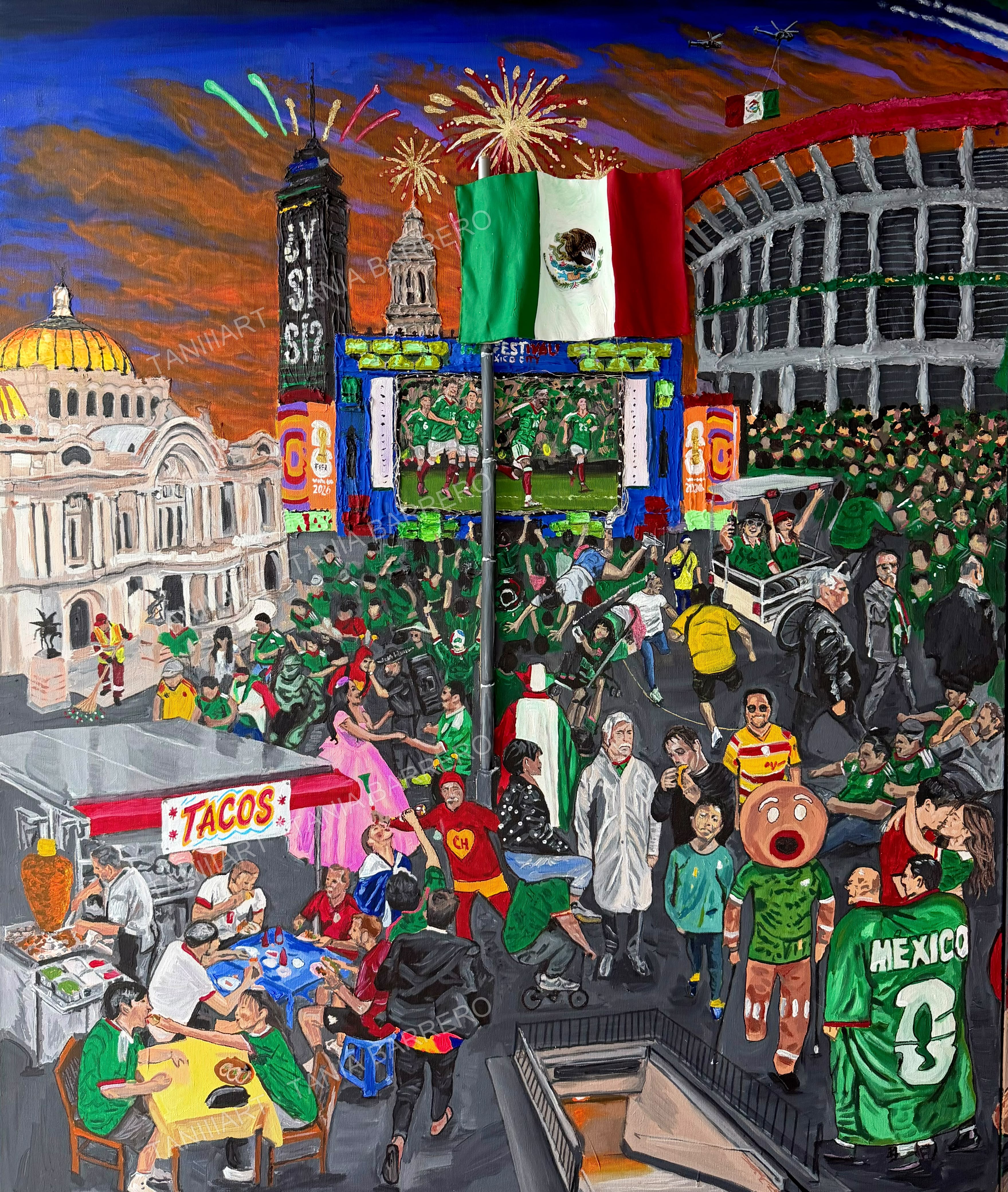 Segunda obra de Tania Barrero: una celebración mexicana entre Bellas Artes, el estadio, una gran bandera, personajes y un puesto de tacos.